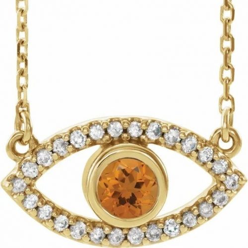 14k Gold, Citrine & White Sapphire Evil Eye Necklace- healing crystal Citrine gemstone necklace, November birthstone gift, abundance jewelry