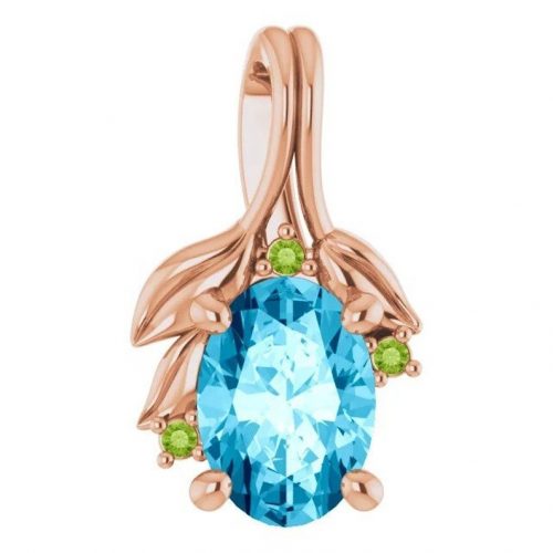 M.J. Couture Crystal Rose Aquamarine & Peridot Pendant, March Birthstone, Couture Everyday Wear Tranquil Healing Crystal Jewelry for Her/Mom