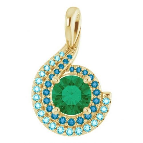 14k 6mm Double Halo Emerald, London Blue Topaz & Aquamarine Pendant, 1carat, May Birthstone, a GIA Certified Monarchy Jewels Couture Piece